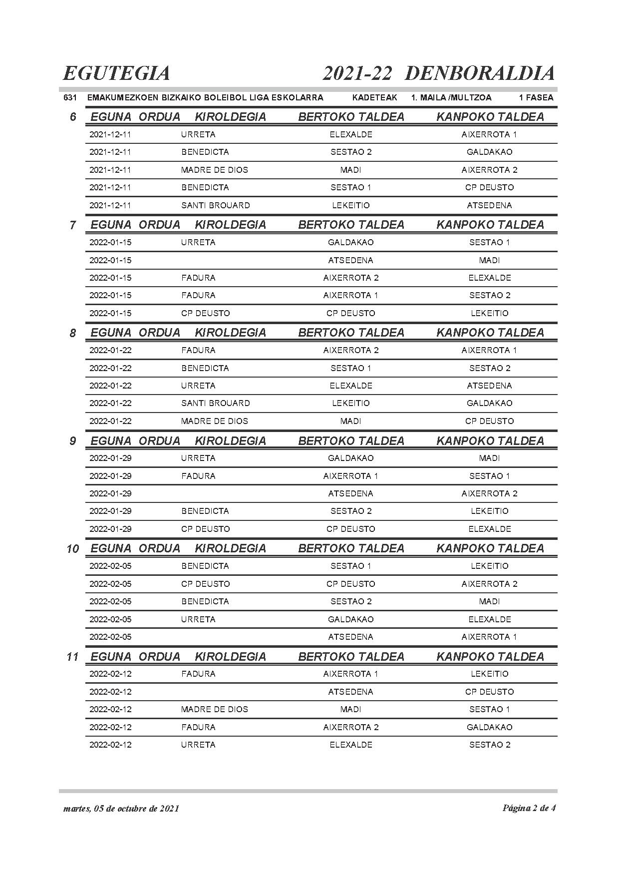  Kadete mailako egutegia / calendario cadete