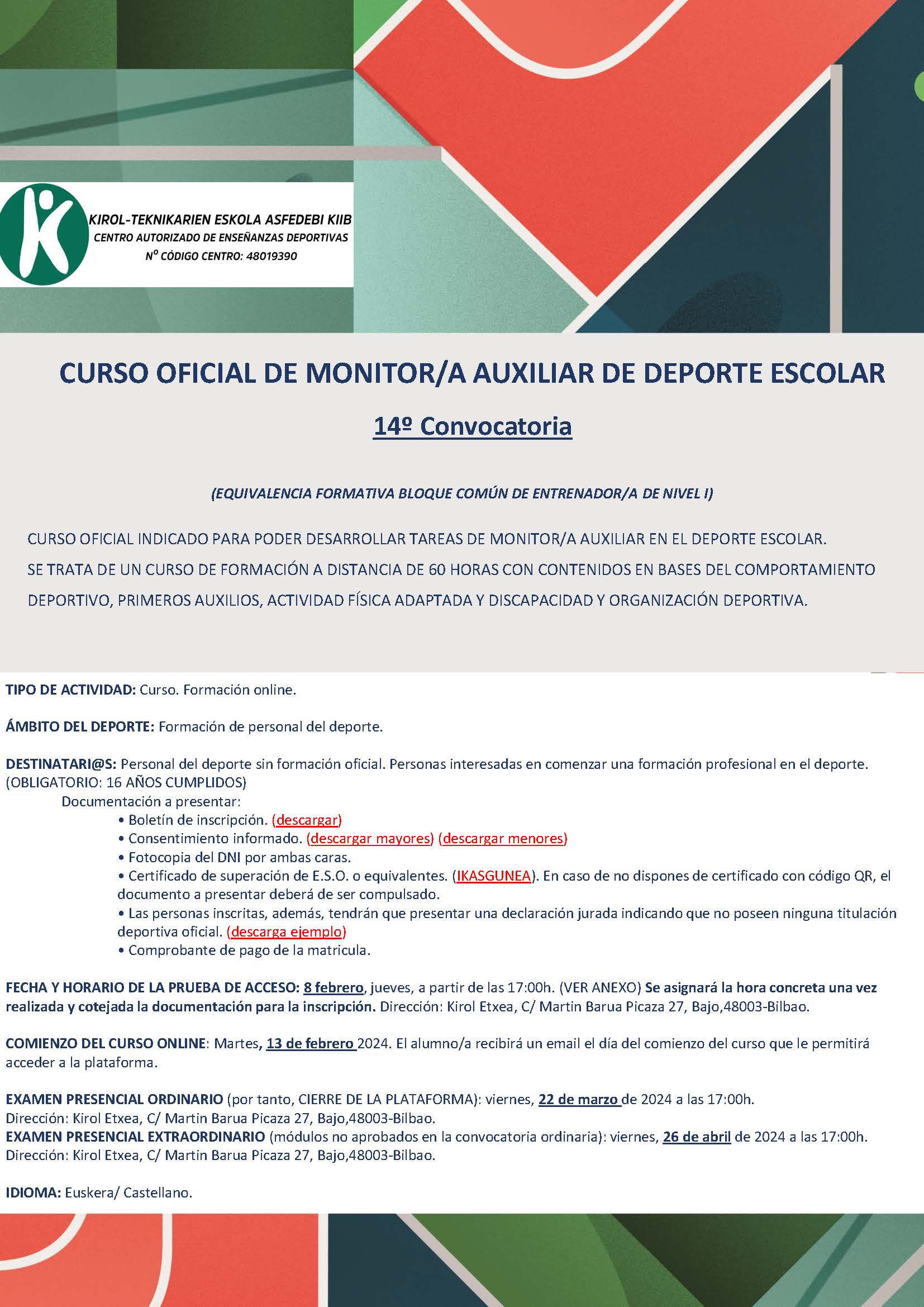 CURSO OFICIAL DE MONITOR/A AUXILIAR DE DEPORTE ESCOLAR  14º Convocatoria