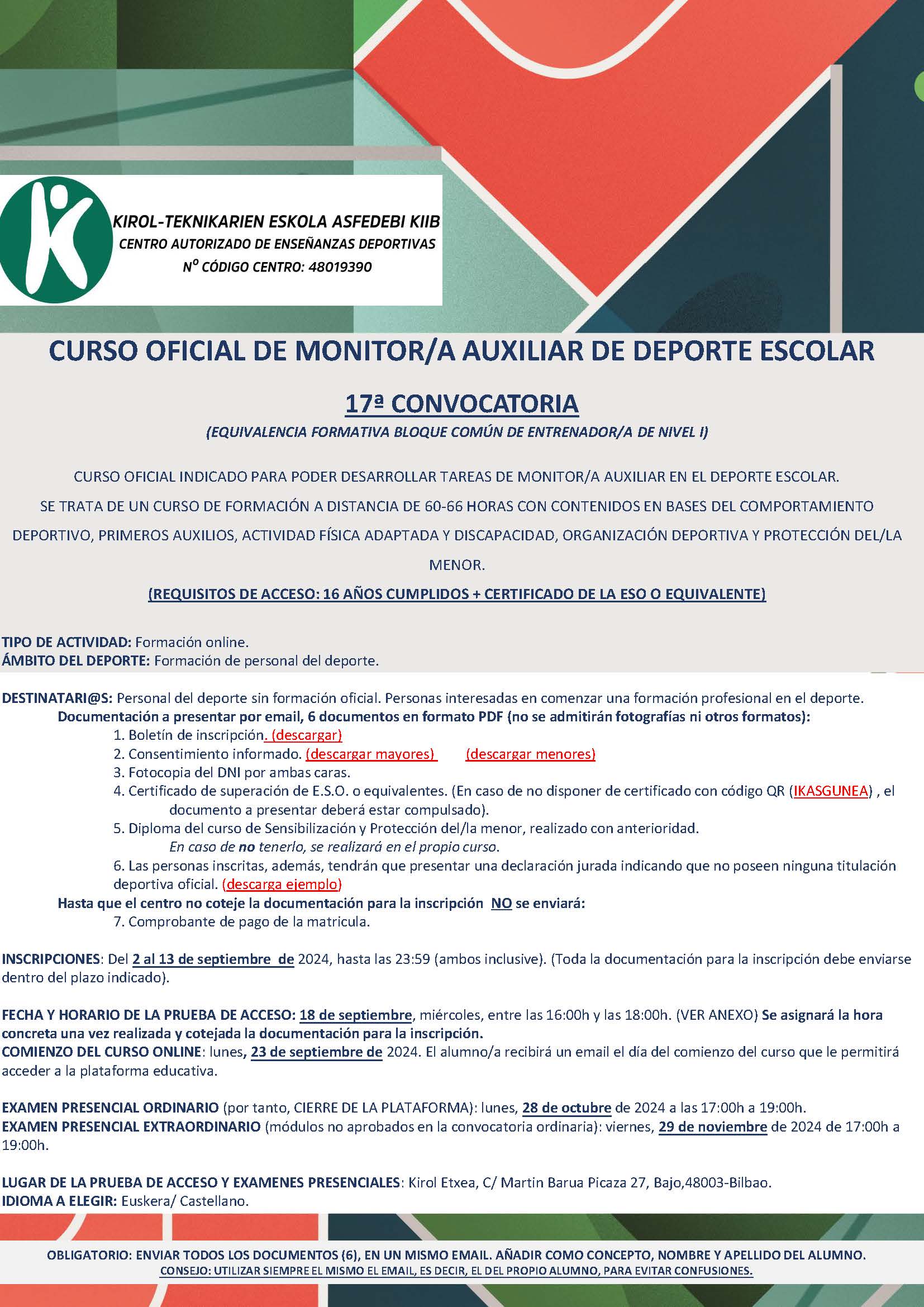 CURSO OFICIAL DE MONITOR/A AUXILIAR DE DEPORTE ESCOLAR 17ª CONVOCATORIA