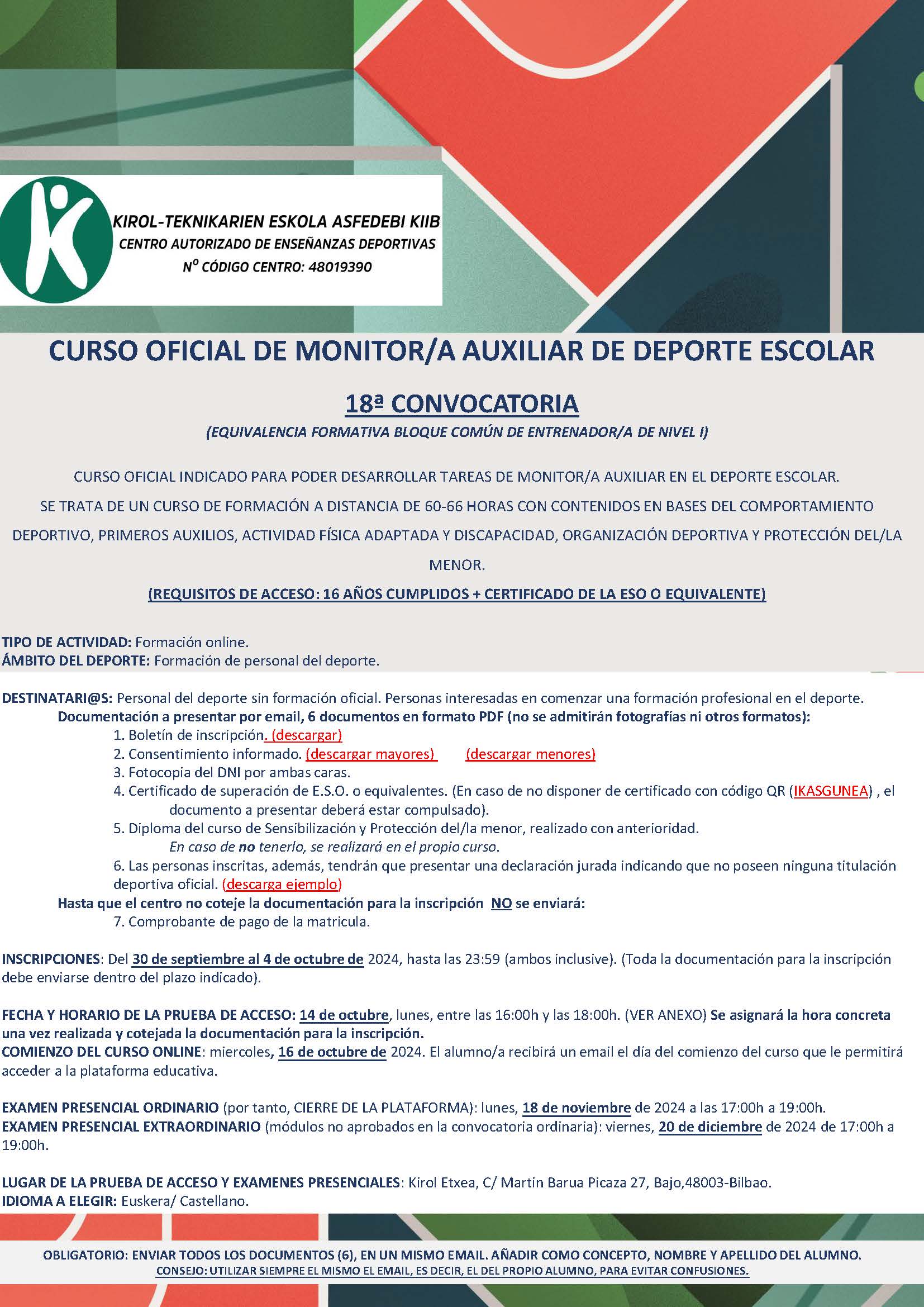 CURSO OFICIAL DE MONITOR/A AUXILIAR DE DEPORTE ESCOLAR 18ª CONVOCATORIA