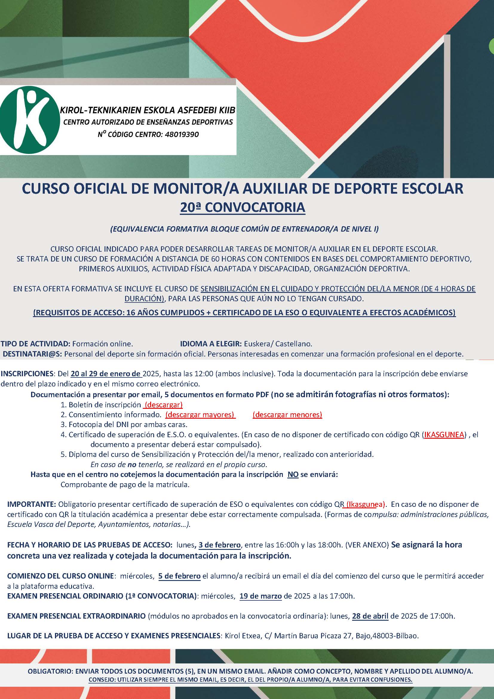 CURSO OFICIAL DE MONITOR/A AUXILIAR DE DEPORTE ESCOLAR 20ª CONVOCATORIA