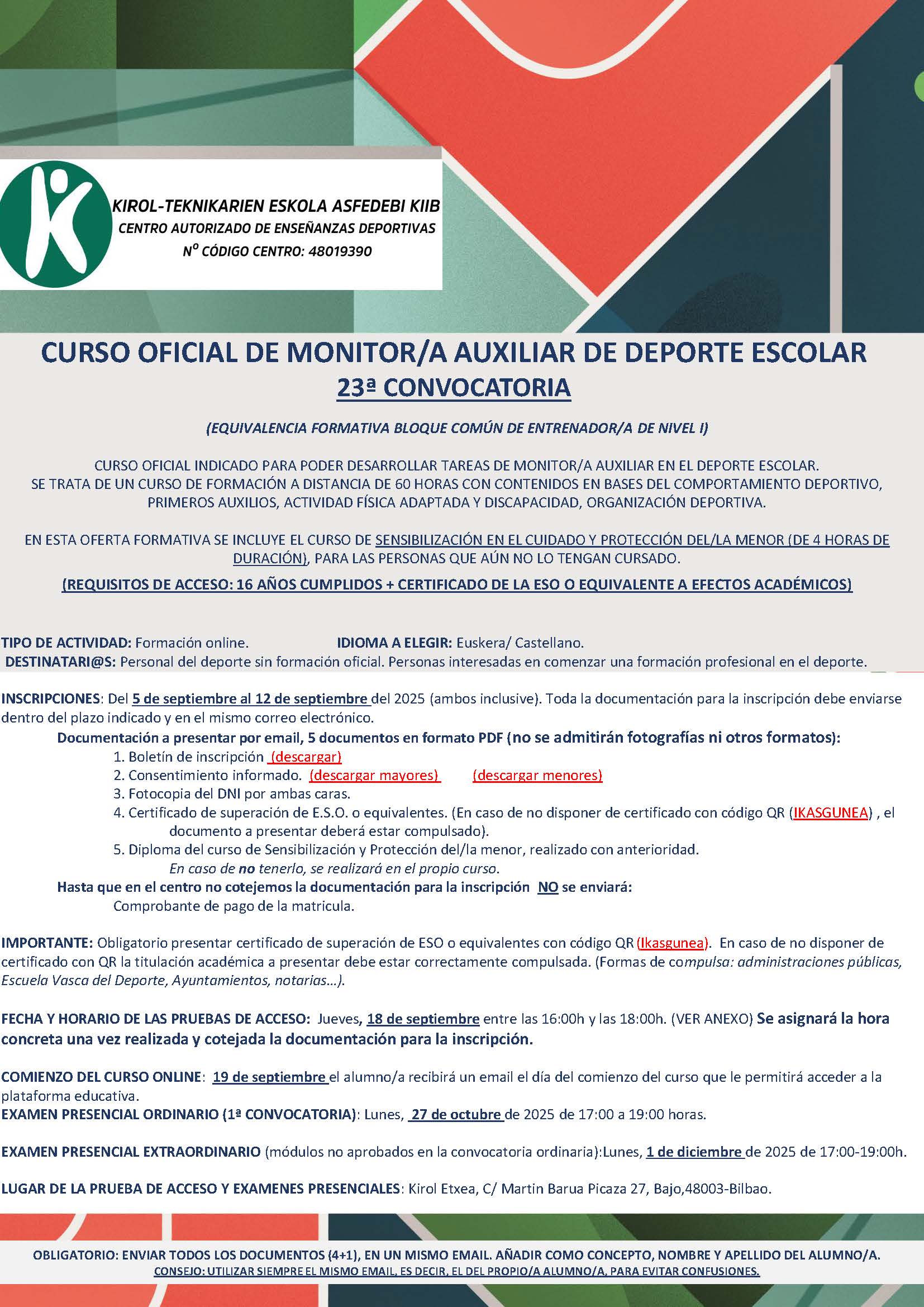CURSO OFICIAL DE MONITOR/A  AUXILIAR DE DEPORTE ESCOLAR 23ª CONVOCATORIA