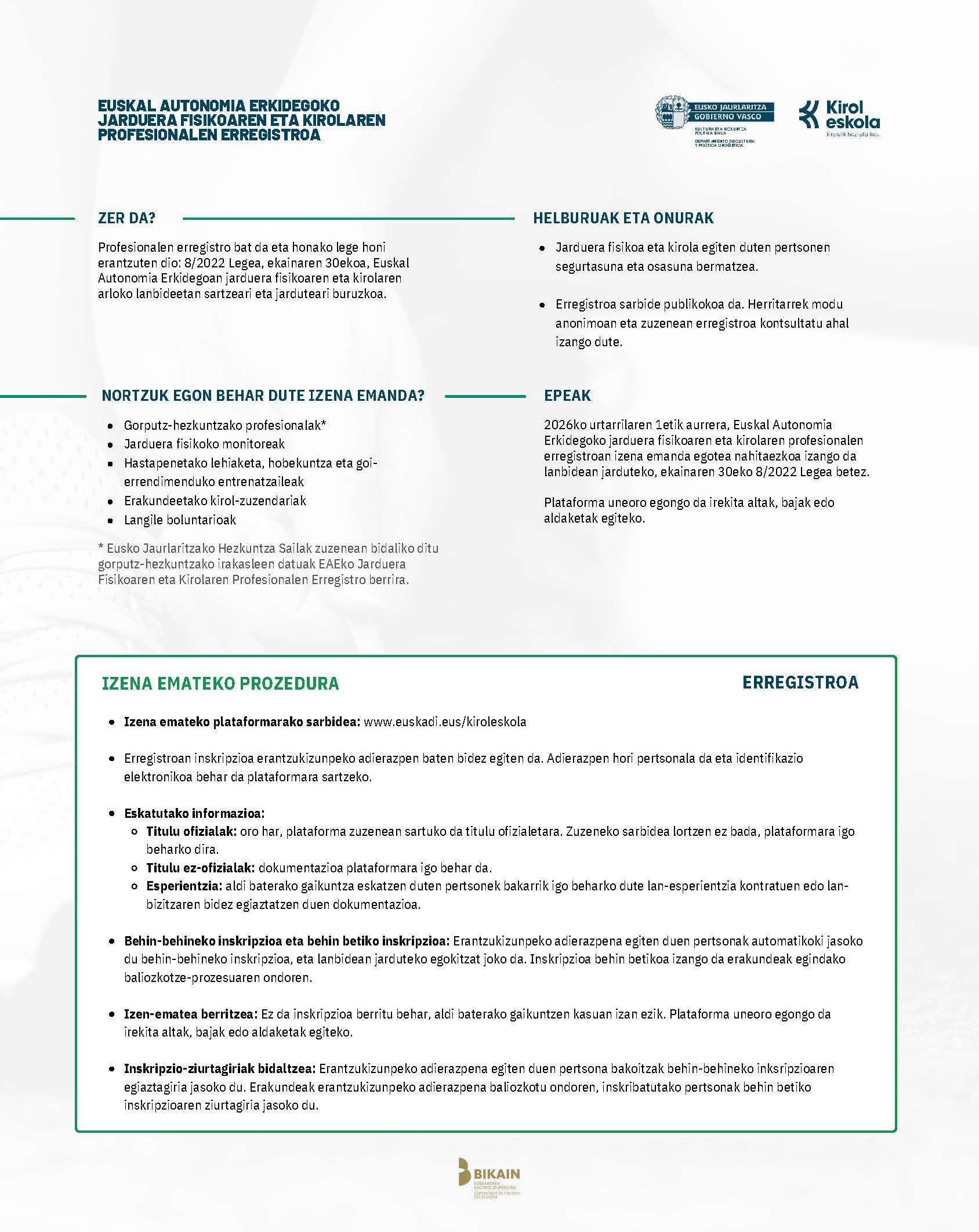 EUSKAL AUTONOMIA ERKIDEGOKO JARDUERA FISIKOAREN ETA KIROLAREN PROFESIONALEN ERREGISTROA 