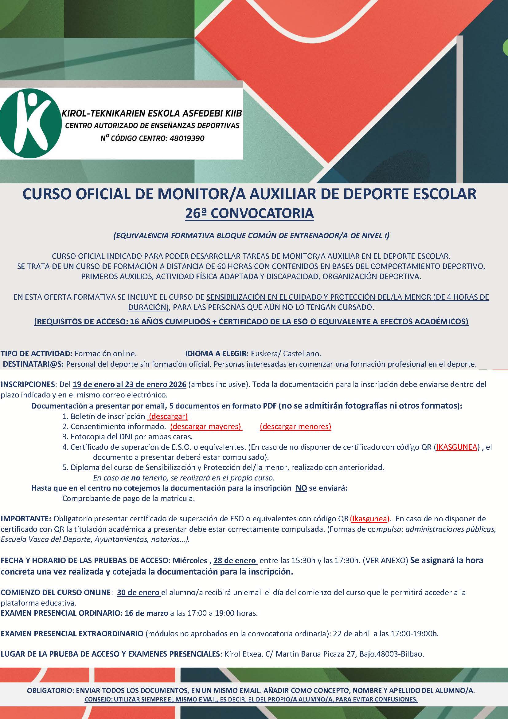 CURSO OFICIAL DE MONITOR/A AUXILIAR DE DEPORTE ESCOLAR