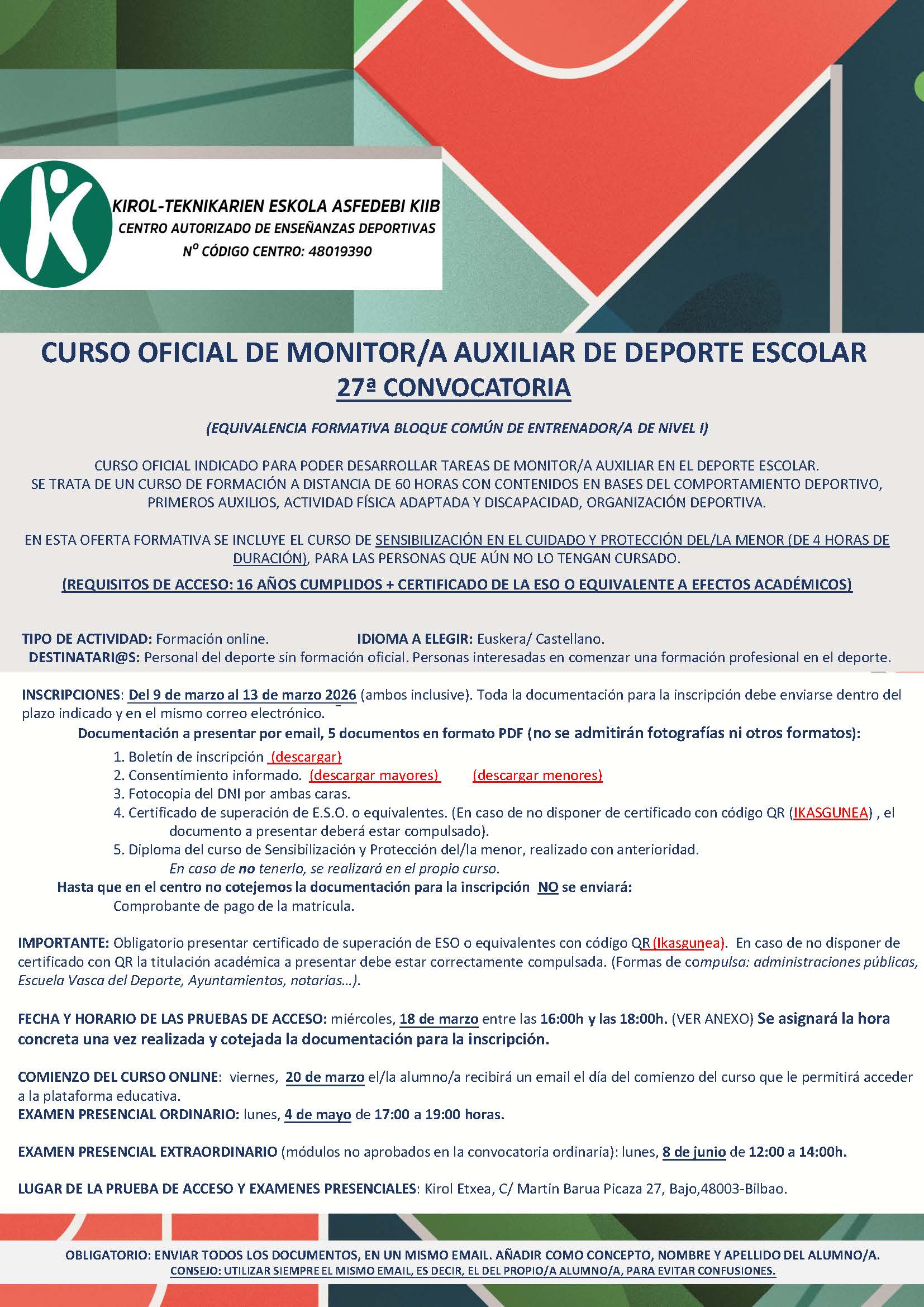 CURSO OFICIAL DE MONITOR/A AUXILIAR DE DEPORTE ESCOLAR  27. CONVOCATORIA